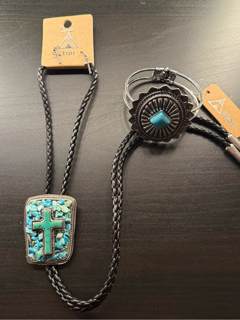 Tipi Turquoise Cross Braided Bolo Necklace and Concho Bracelet Set - Black